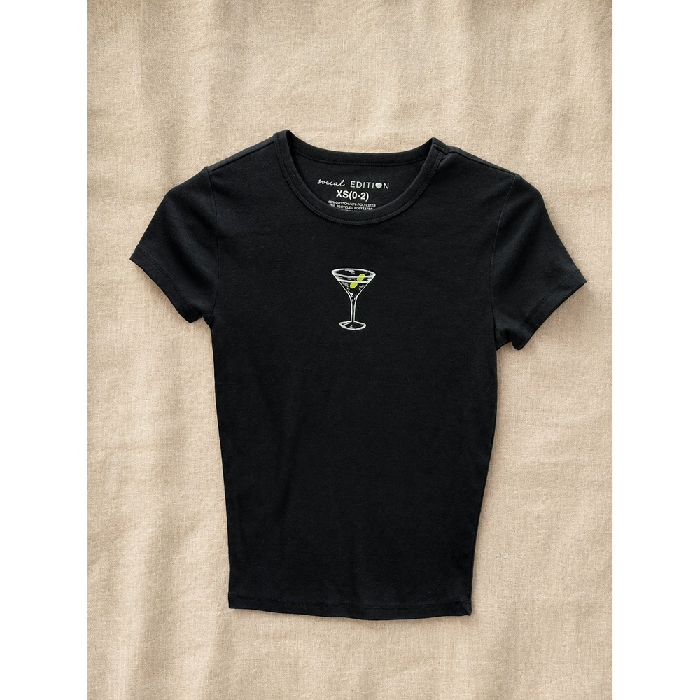 Black Womens XS Dirty Martini Graphic Cropped Baby Tee Fitted Y2K Aesthetic